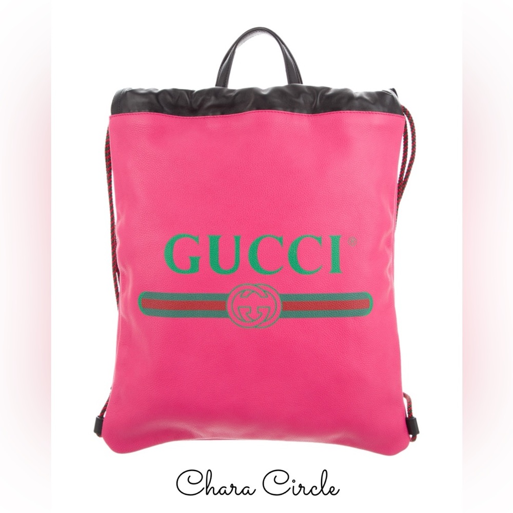 Pink Leather Logo Medium Drawstring Backpack